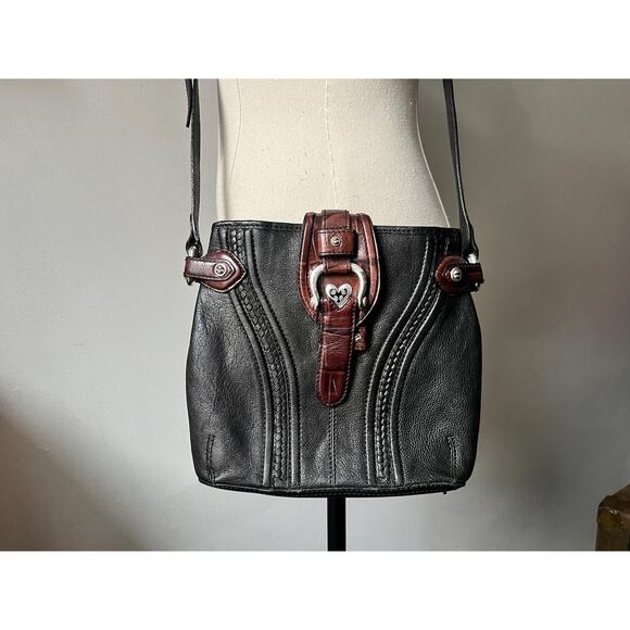 Vintage 90s Brighton Rachel Crossbody Bag | 1990s Two‑Tone Black Brown Embossed - Picture 1 of 9